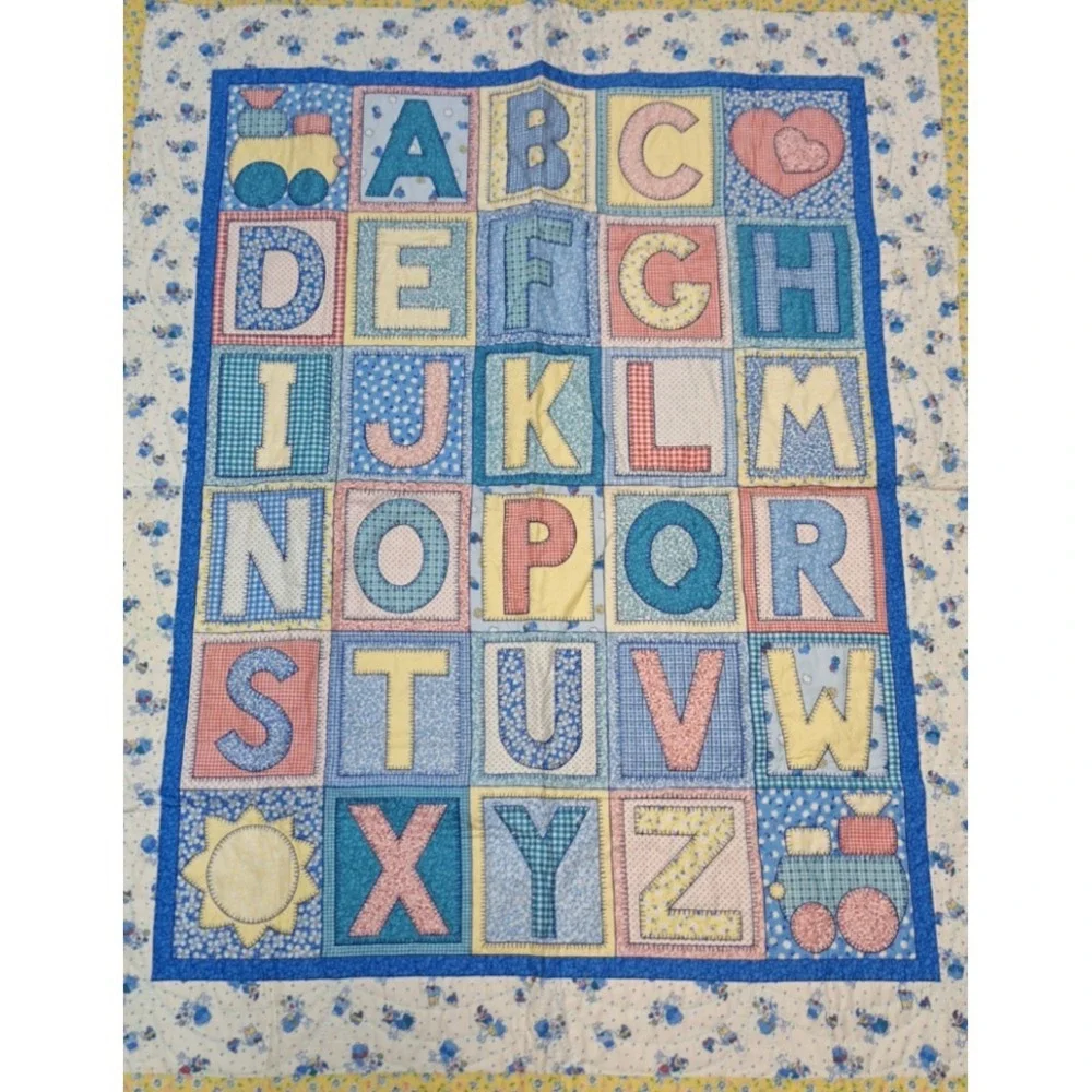 VTG 80s 90s ABC Alphabet Baby Blanket Quilt Patchwork Style Yellow Bunnies